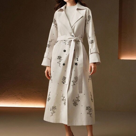 Beige Women's Party Long Trench Coat with 3d Beaded Embroidery - Picture 6 of 8
